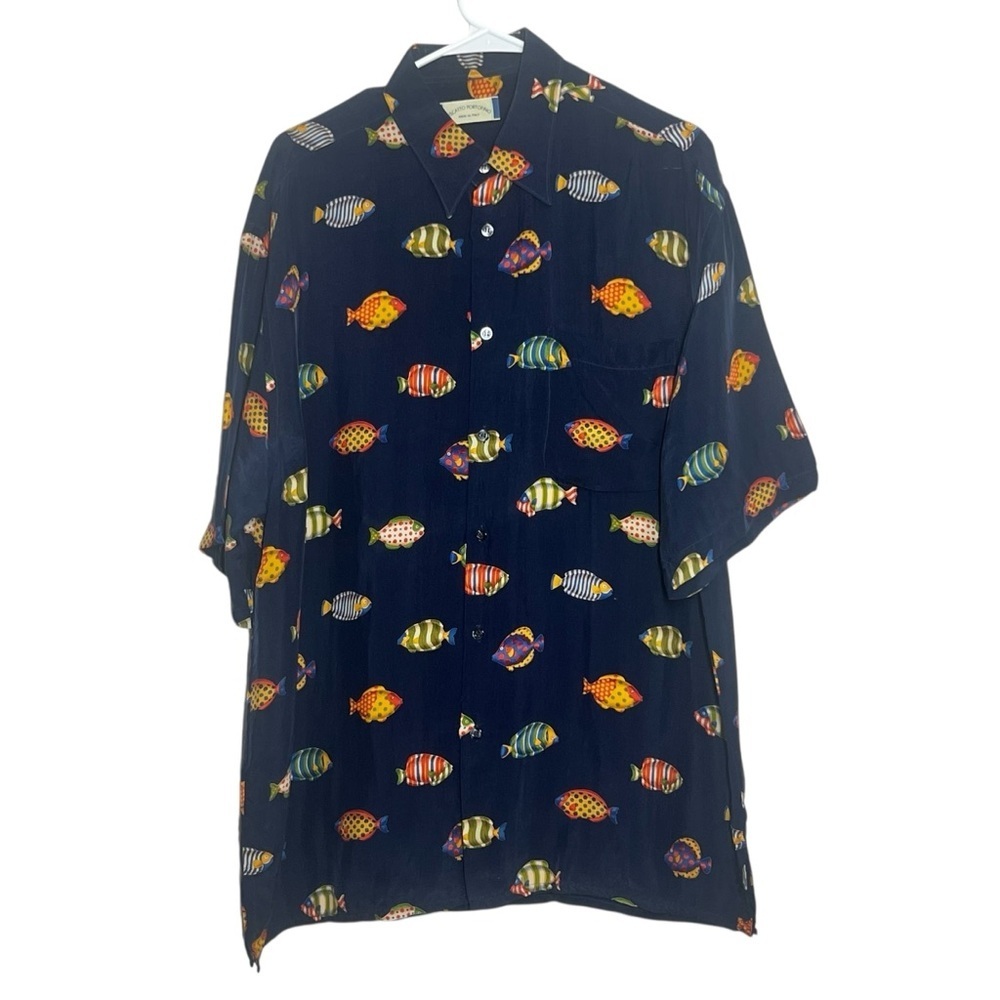 Riscatto Portofino Shirt Mens Large Blue Fish Print Made Italy 100% Cupro Casual